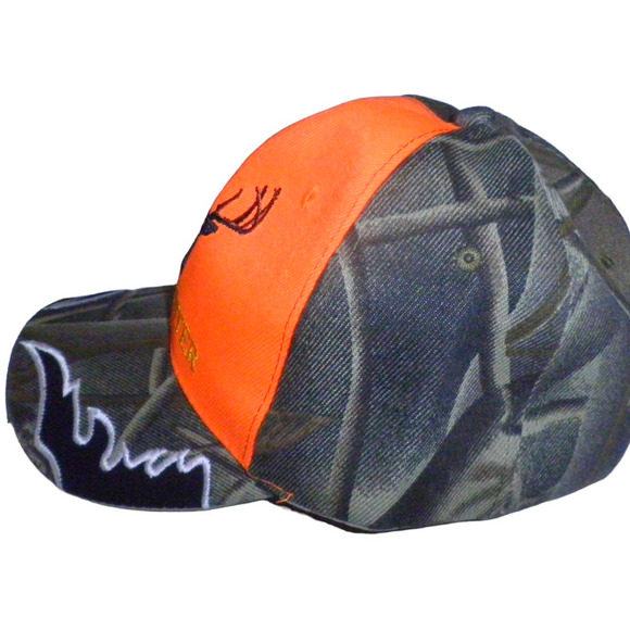 Embroidered Deer Hunter Ball Cap, Green Camo & Orange Safety Panel Trucker Hat - Picture 2 of 4
